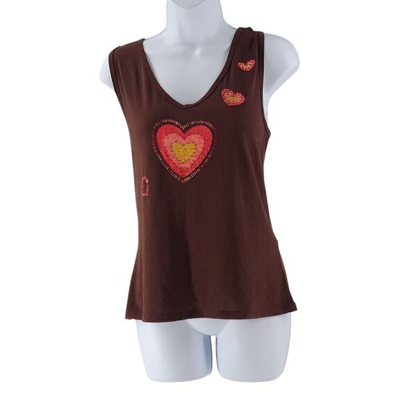 Bogari Y2K Silk blend beaded women's tank brown Hearts Size XXL whimsy feminine - Picture 2 of 8